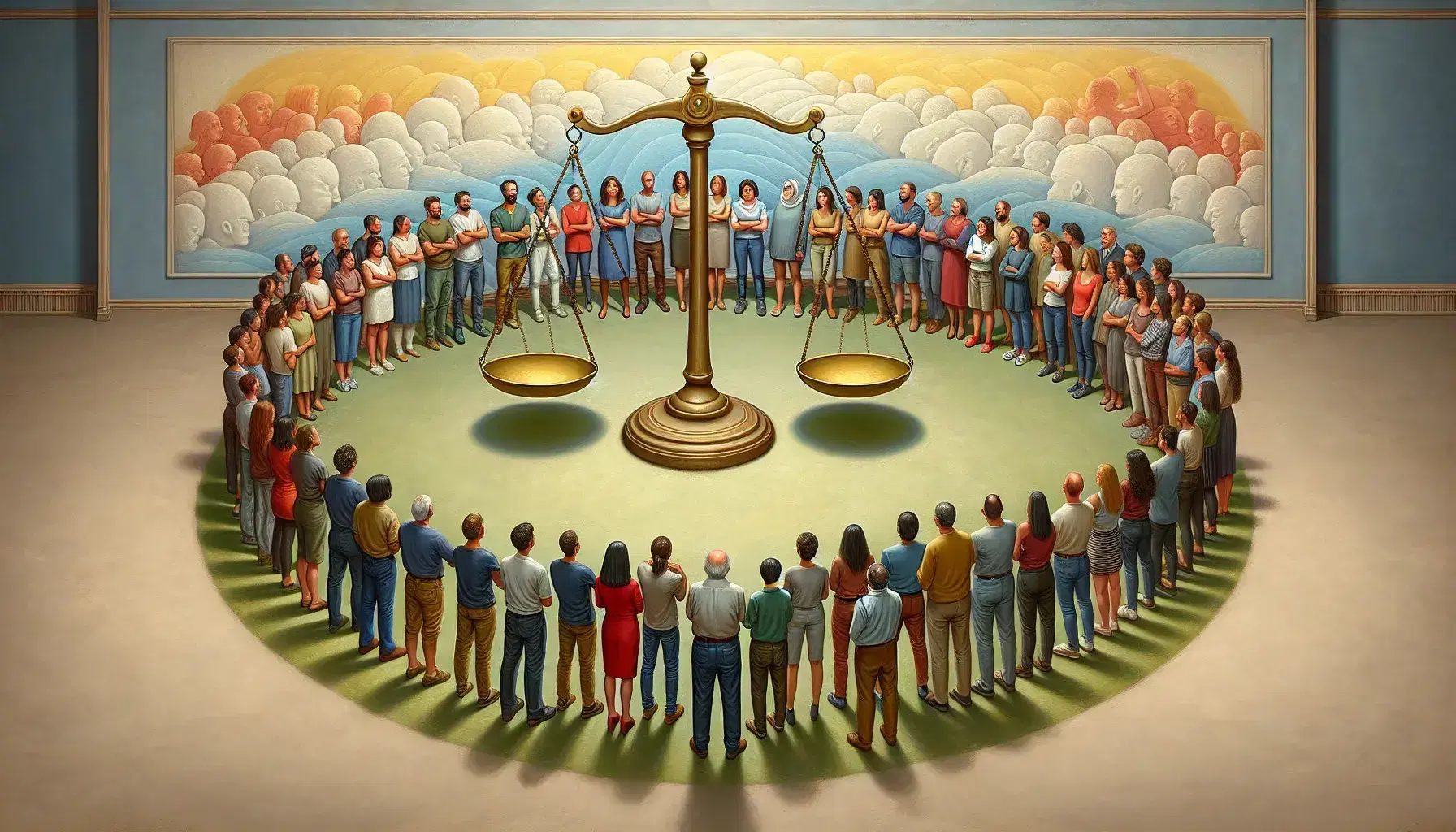 Grupo diverso de personas observa una balanza equilibrada en un entorno iluminado, reflejando multiculturalidad y equidad sin distracciones visuales.