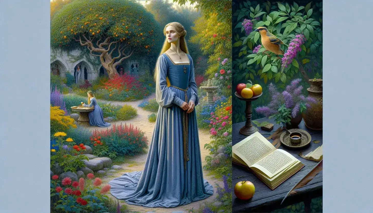 Donna in abito medievale azzurro contempla serena un giardino rigoglioso, accanto a un tavolo con libro, penna e inchiostro, uccello marrone in primo piano.
