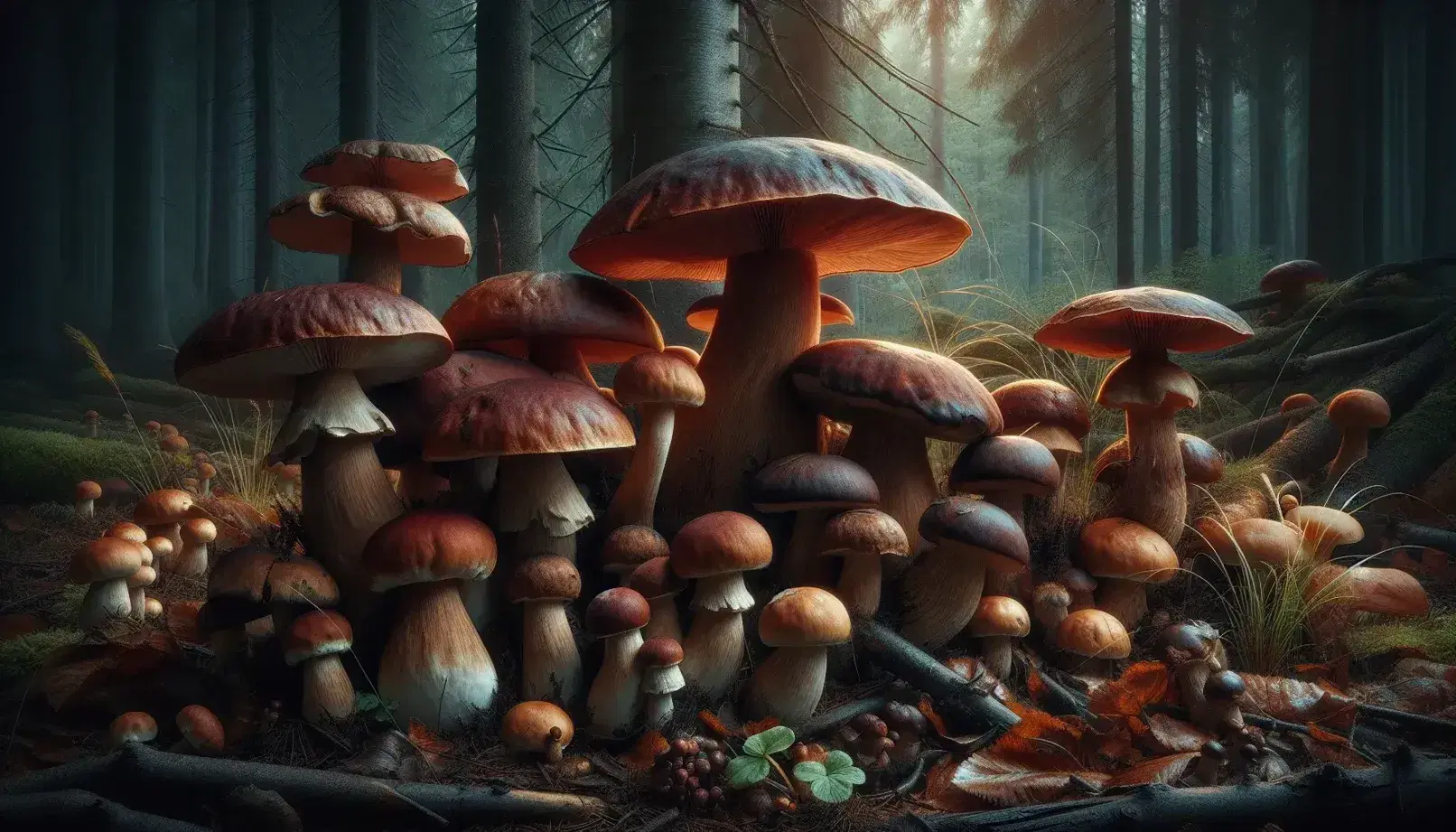 Varietà di funghi nel sottobosco con foglie morte, tronchi alberi in sfondo e insetto su foglia in primo piano, ambiente naturale.