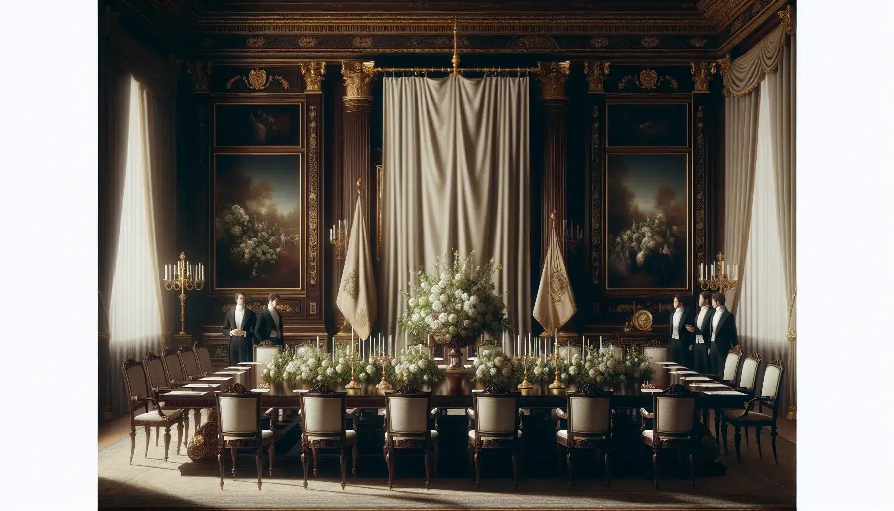 Elegante sala de reuniones con mesa ovalada de madera oscura, sillas tapizadas en crema, arreglos florales blancos y verdes, bandera lisa en soporte dorado y cuadros abstractos en paredes paneladas.