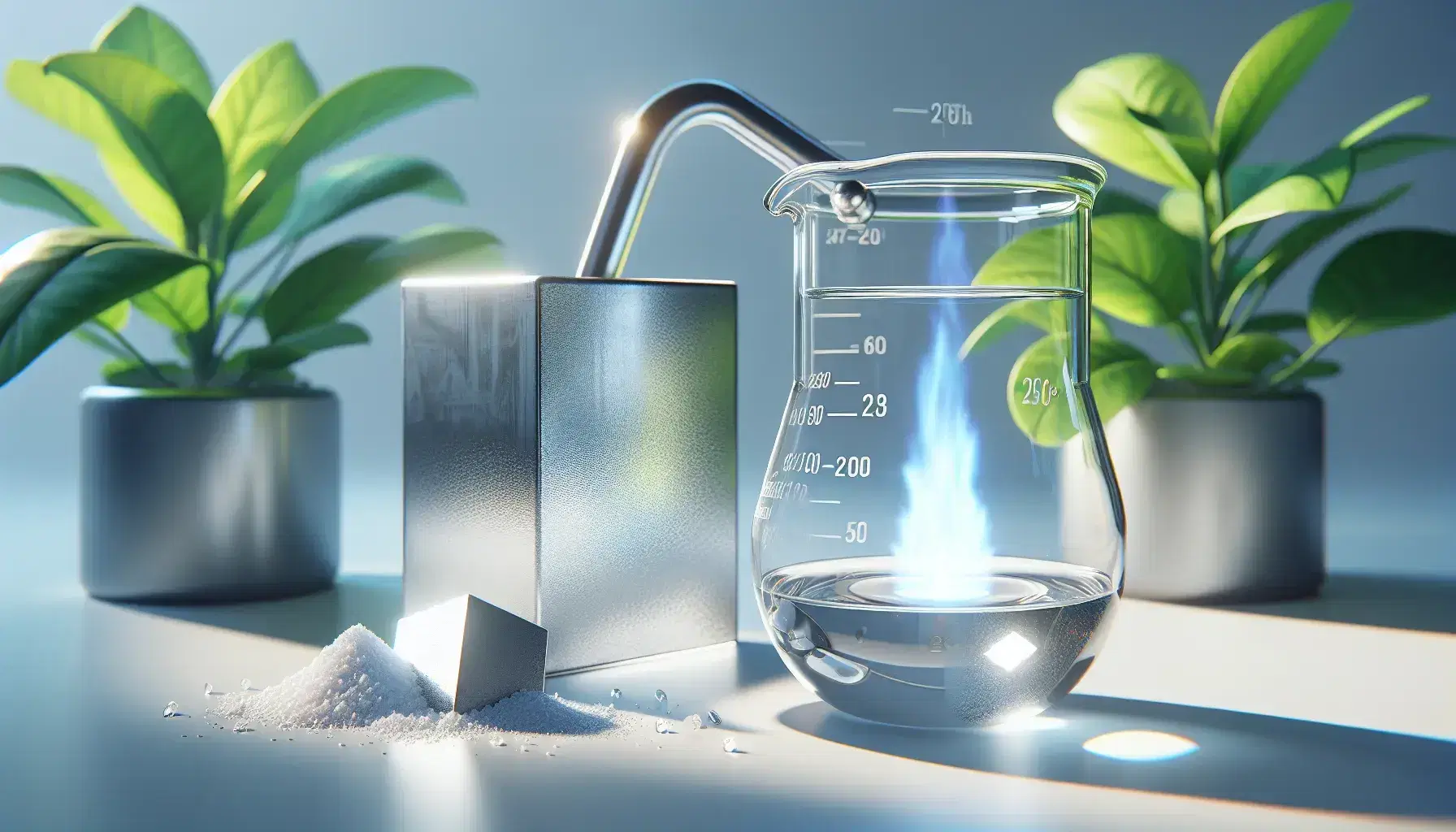 Glass beaker with transparent liquid heated by Bunsen burner, silver metallic cube and pile of white crystalline powder on white surface, green plant in background.