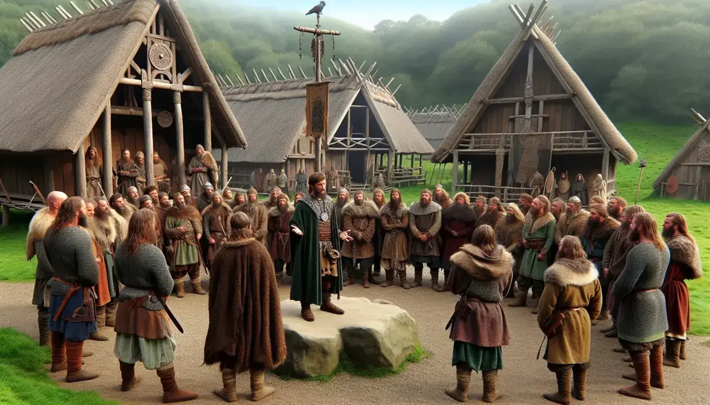 Viking Age assembly with men in period clothing gathered around a chieftain on a stone platform, longhouses and carved poles in a forested backdrop.