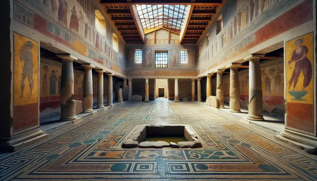 Atrio di una domus romana restaurata con compluvium aperto al centro, mosaici policromi e affreschi sulle pareti, senza persone.