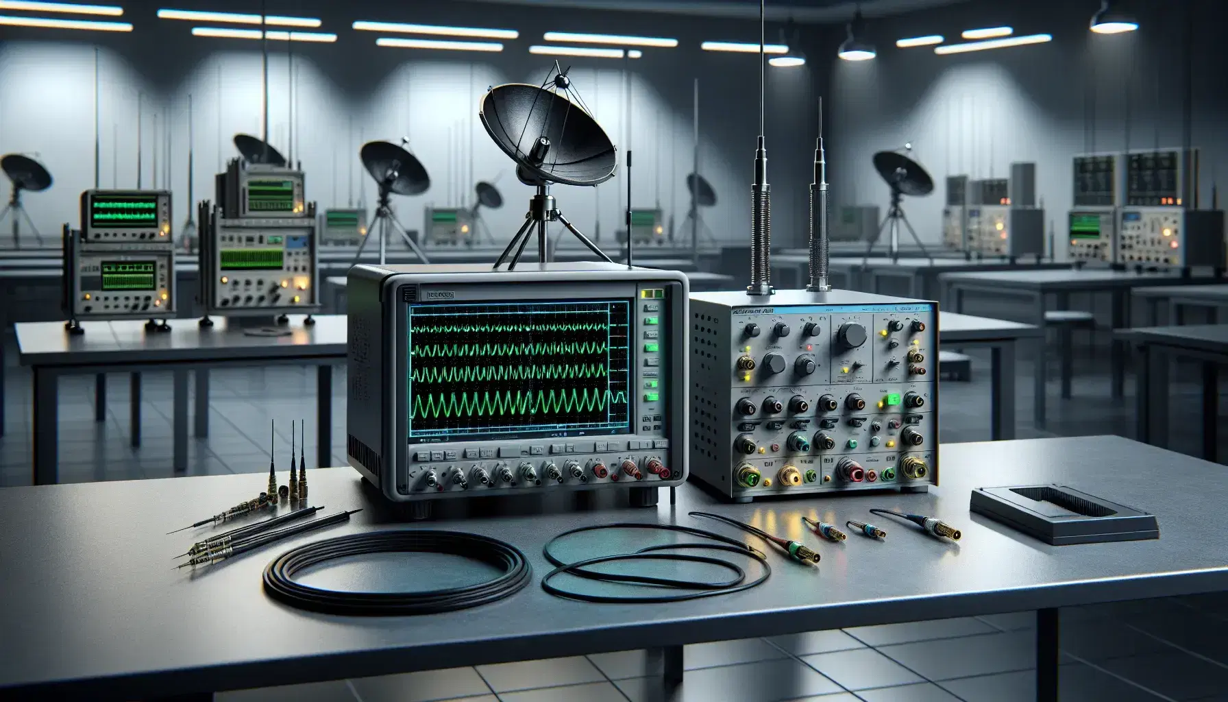 Laboratorio scientifico moderno con oscilloscopio digitale che mostra onde sinusoidali, cavi coassiali, generatore di segnali e antenne paraboliche.