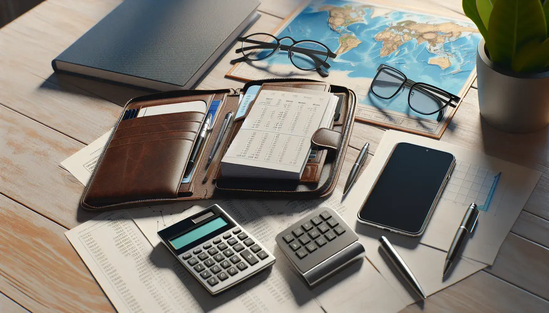 Mesa de madera clara con portafolio de cuero, papeles con gráficos, calculadora científica, smartphone, gafas y libreta con bolígrafo sobre mapa mundial.