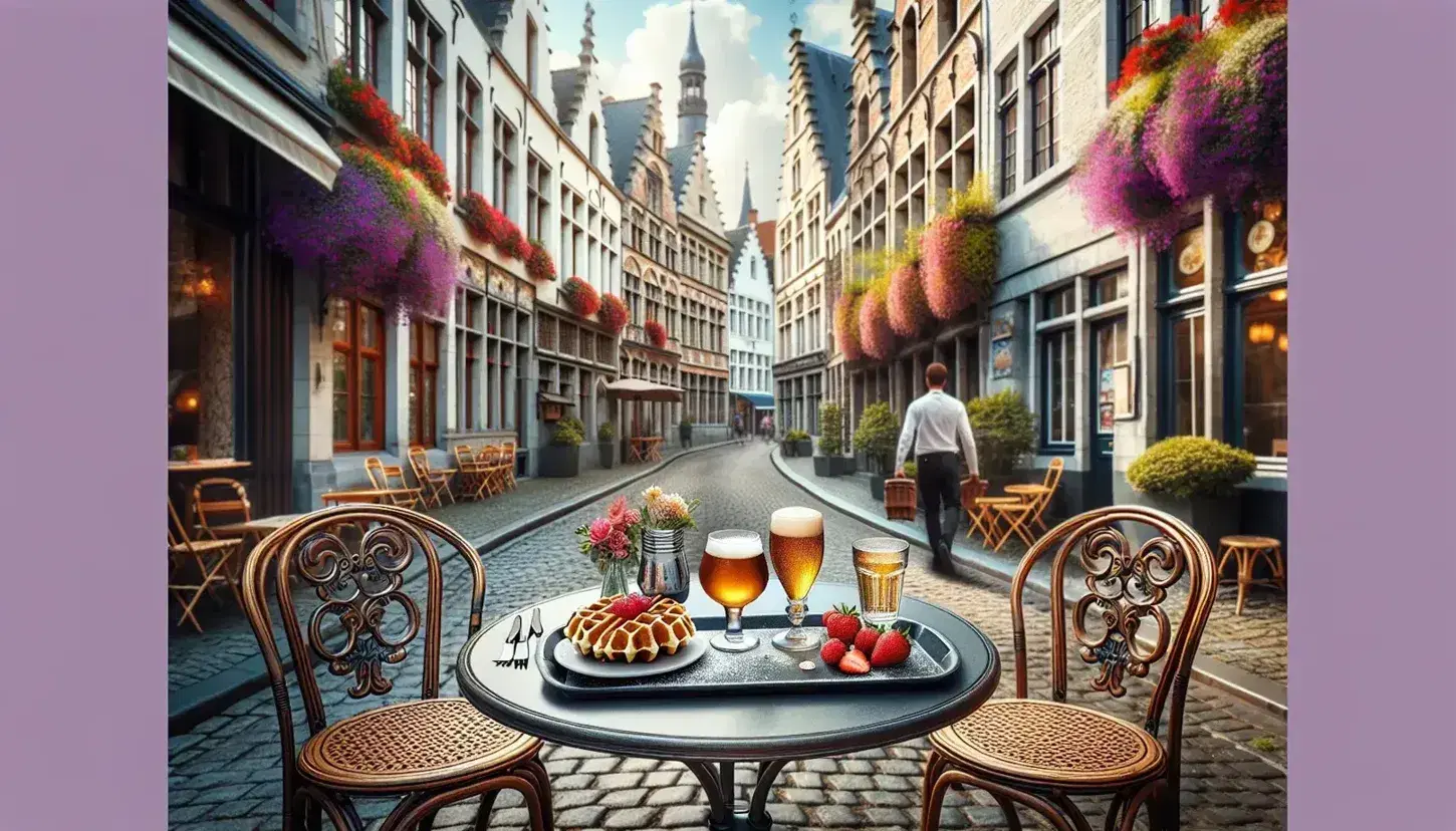 Cozy Belgian café scene with a table serving beer and a waffle with strawberries, patrons chatting, and historic buildings under a clear sky.