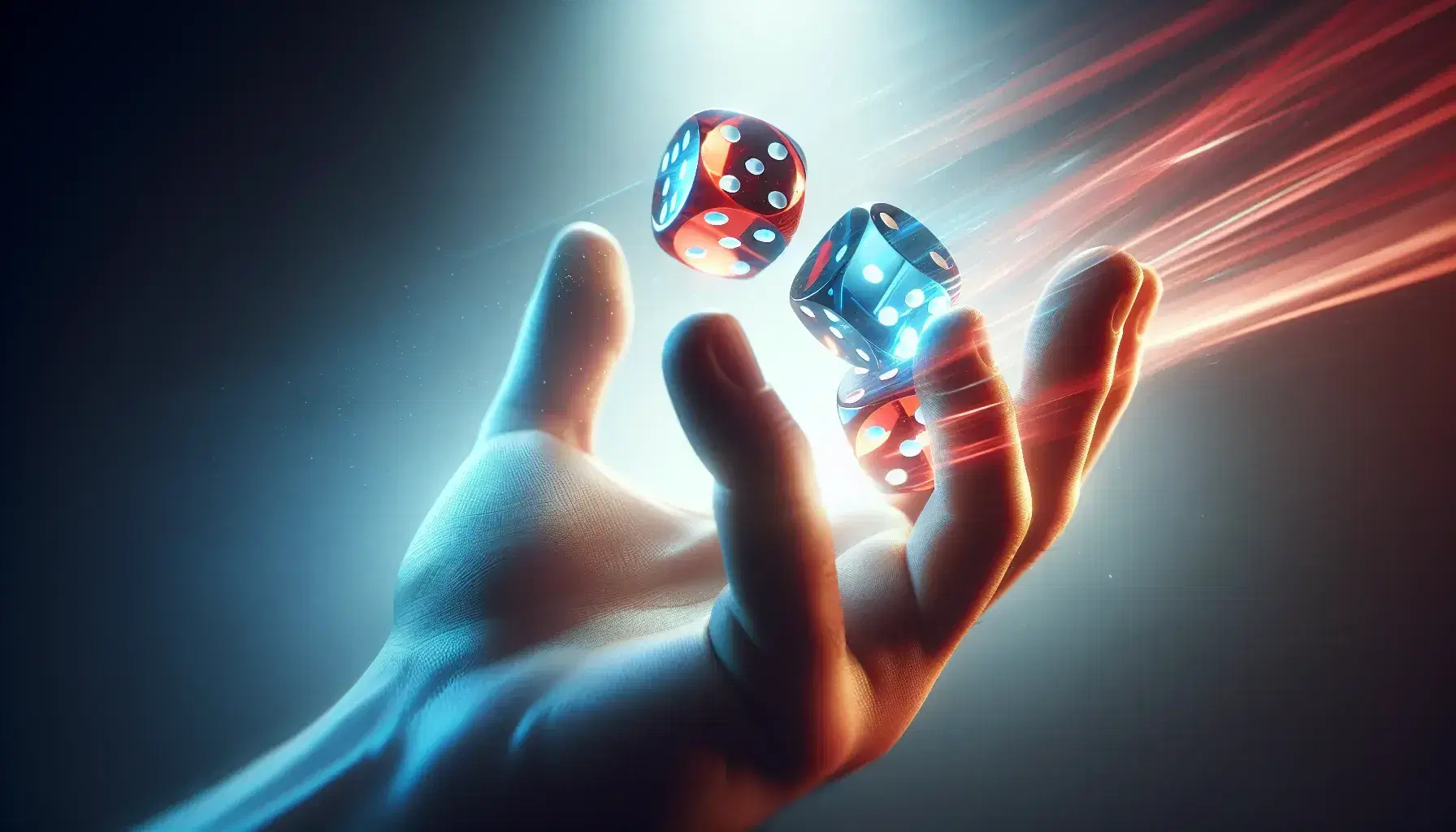 Mano humana lanzando dados translúcidos rojo y azul en movimiento con fondo desenfocado, reflejando luz y sombra.