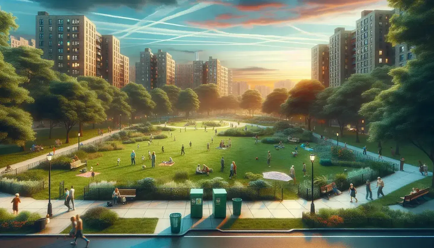 Parco urbano al tramonto con persone che si rilassano, giocano e passeggiano, edifici residenziali sullo sfondo e giardino comunitario in primo piano.
