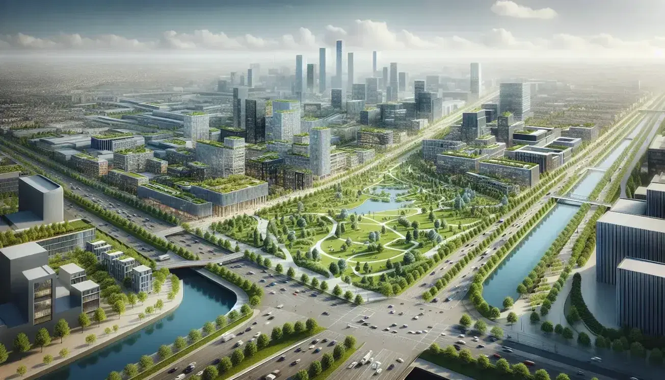 Veduta aerea di una città moderna con parco centrale verde, strade trafficate, edifici vari e fiume con ponti.