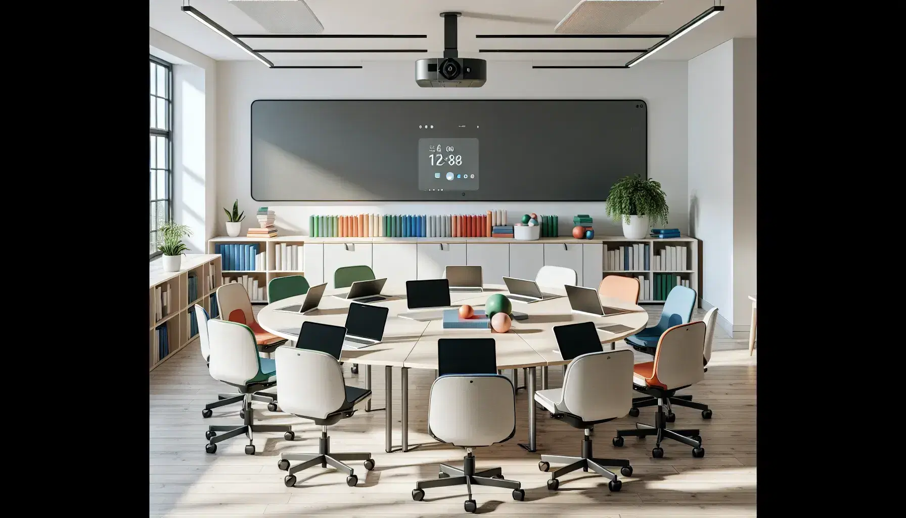 Aula moderna y luminosa con mesa redonda, sillas ergonómicas de colores, dispositivos electrónicos, estantería con libros, pizarra interactiva y estudiantes interactuando.