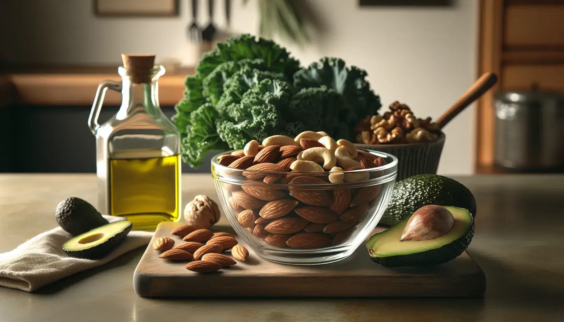 Glass bowl with assorted dried fruits, half green avocado and bunch of kale on cutting board in kitchen.