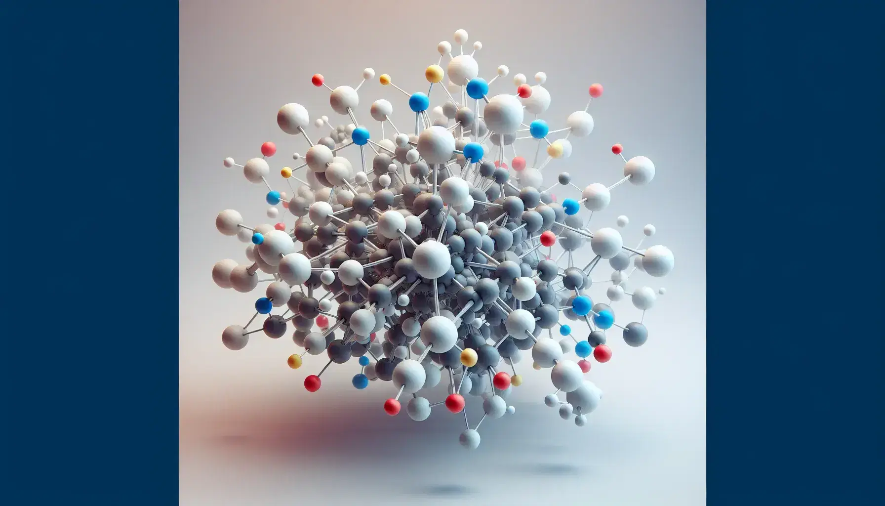 Estructura molecular tridimensional con esferas de colores conectadas por varillas grises sobre fondo neutro.