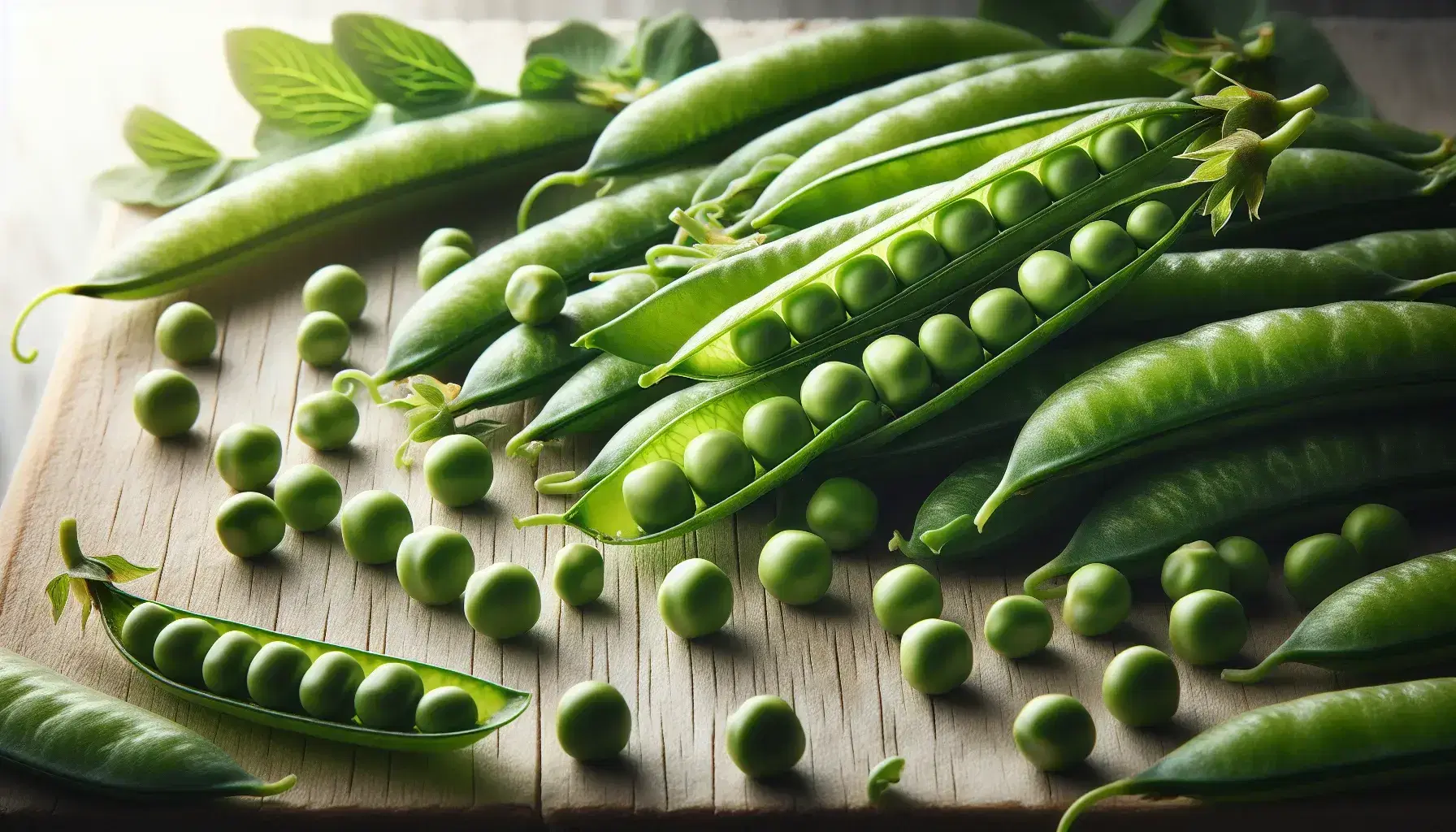 Guisantes verdes frescos y brillantes, algunos en vainas abiertas y otros sueltos, sobre una superficie de madera clara bajo luz natural.