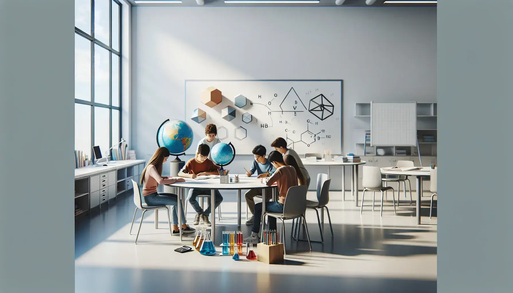 Aula contemporánea con estudiantes de diversas edades y etnias colaborando en una mesa redonda, rodeados de objetos educativos como un globo sin texto, calculadora, figuras geométricas y tubos de ensayo con líquidos de colores.
