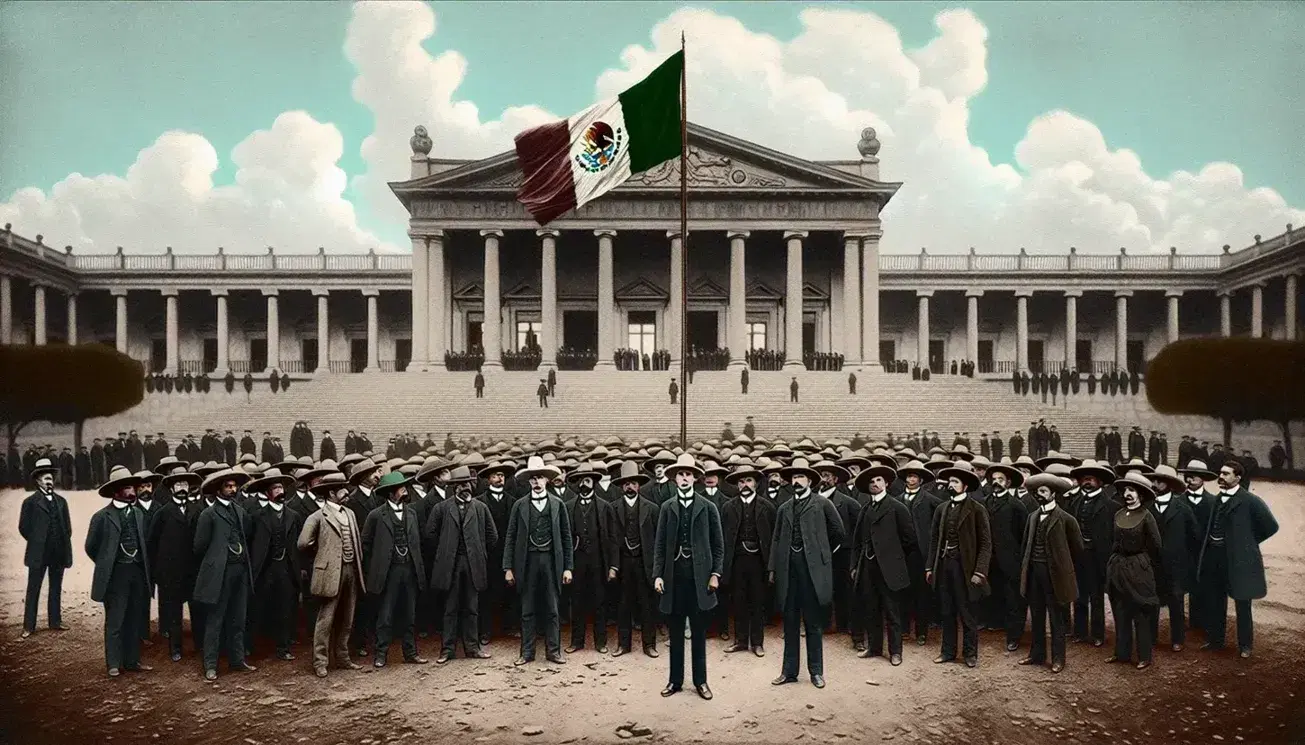 Grupo de hombres con trajes del siglo XX y sombreros frente a edificio clásico, con bandera de México ondeando y cielo parcialmente nublado.