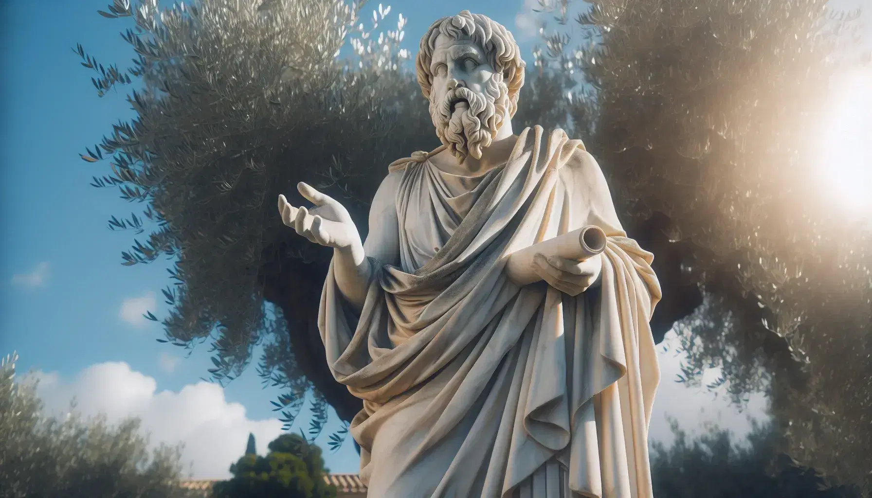 Estatua de mármol blanco de filósofo antiguo con túnica y papiro, extendiendo la mano, bajo un cielo azul con olivo al fondo.