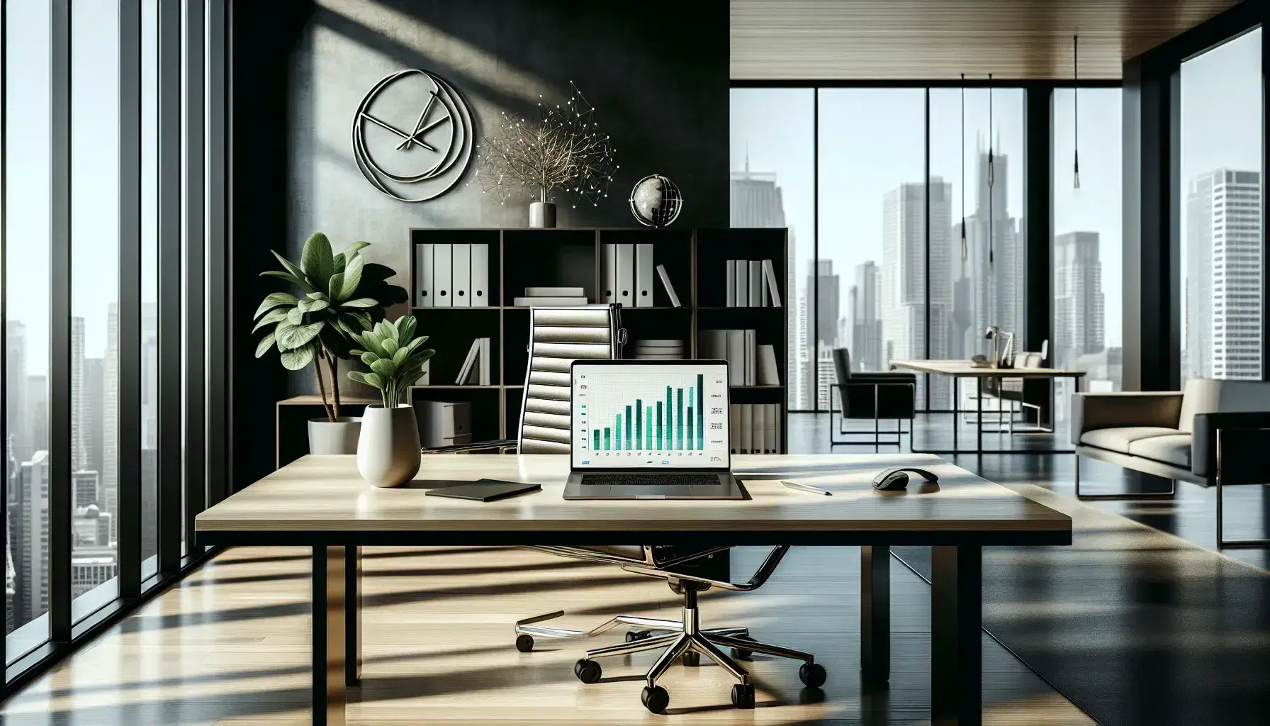 Oficina moderna y espaciosa con escritorio de madera, portátil mostrando gráficos, silla ergonómica y ventanales con vista a la ciudad.