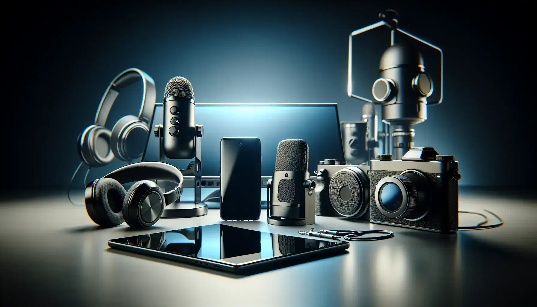 Conjunto de dispositivos electrónicos modernos sobre superficie clara, incluyendo smartphone, tablet, cámara digital, micrófono con filtro, auriculares y monitor con radio portátil.