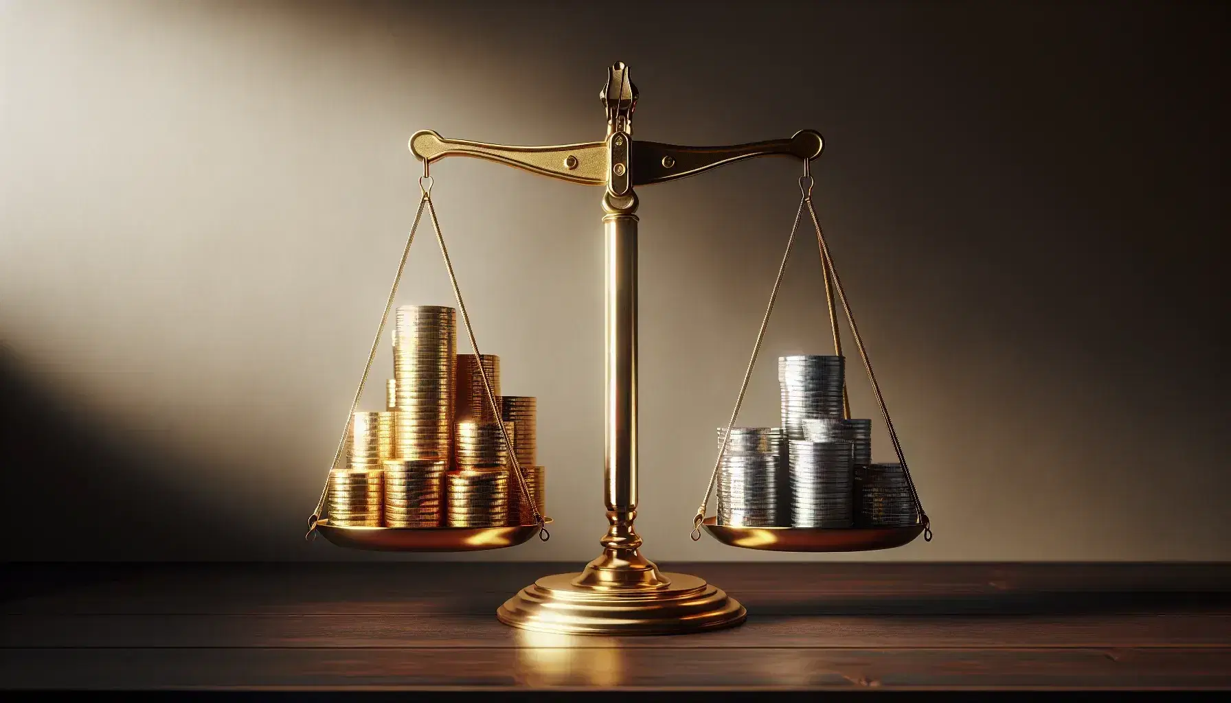 Balanza dorada equilibrada con monedas de oro y plata en platos sobre mesa de madera oscura, fondo crema y sombras suaves.