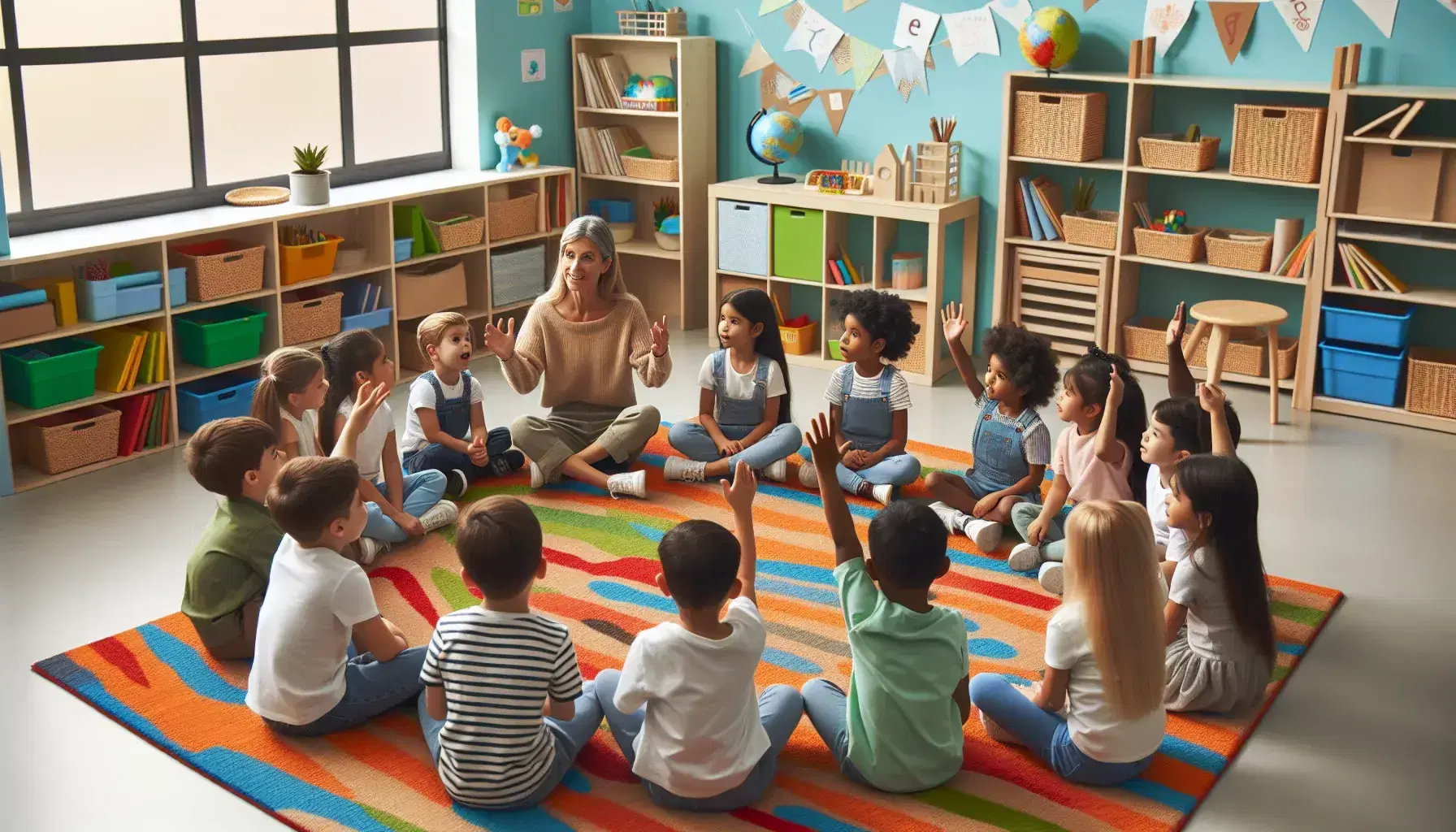 Diverse group of engaged children sitting on classroom rug with teacher, participating in interactive language activity, in a bright, multicultural setting.