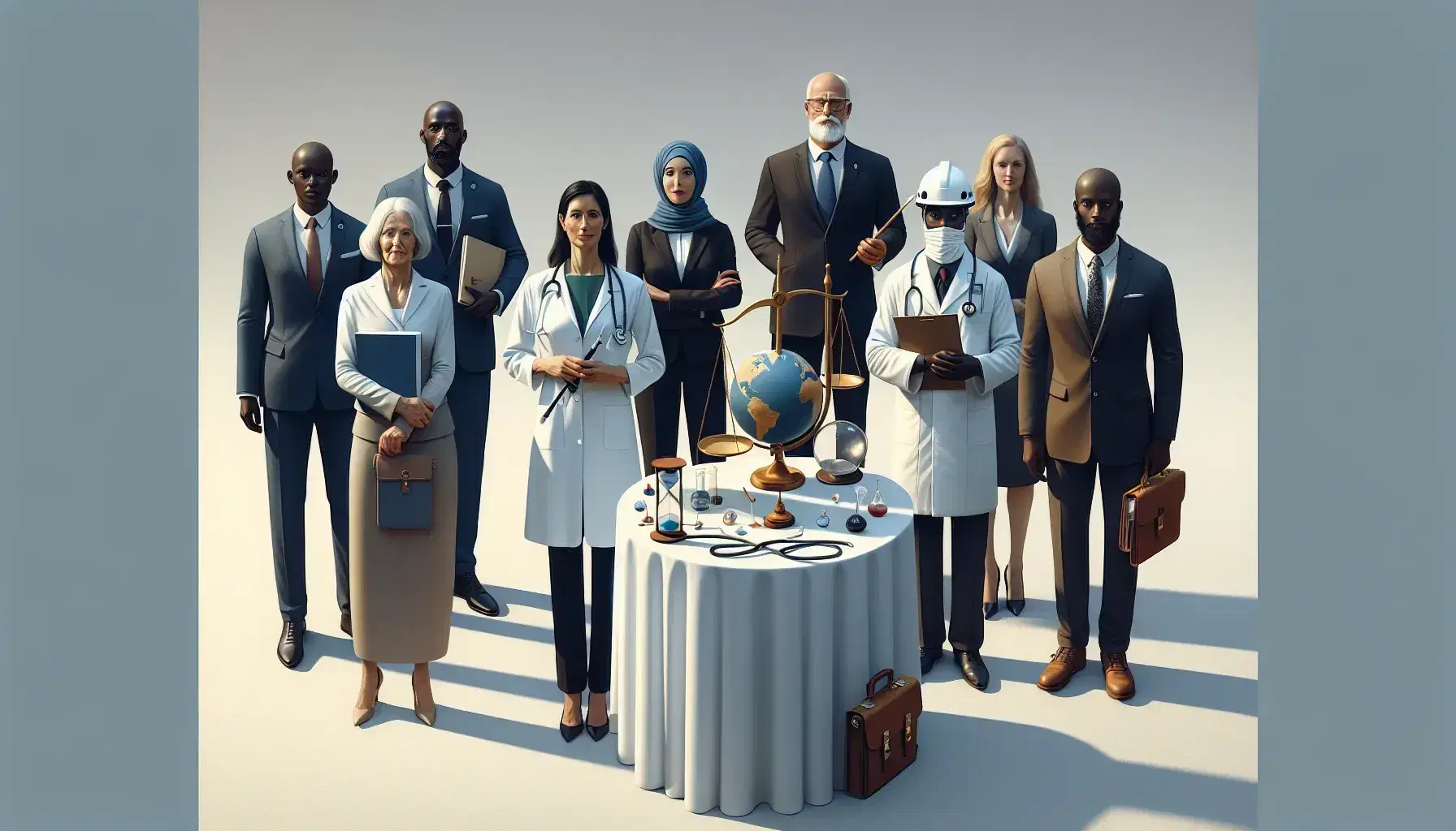 Grupo diverso de profesionales alrededor de una mesa con reloj de arena, globo terráqueo y balanza en equilibrio, simbolizando colaboración global y equidad.