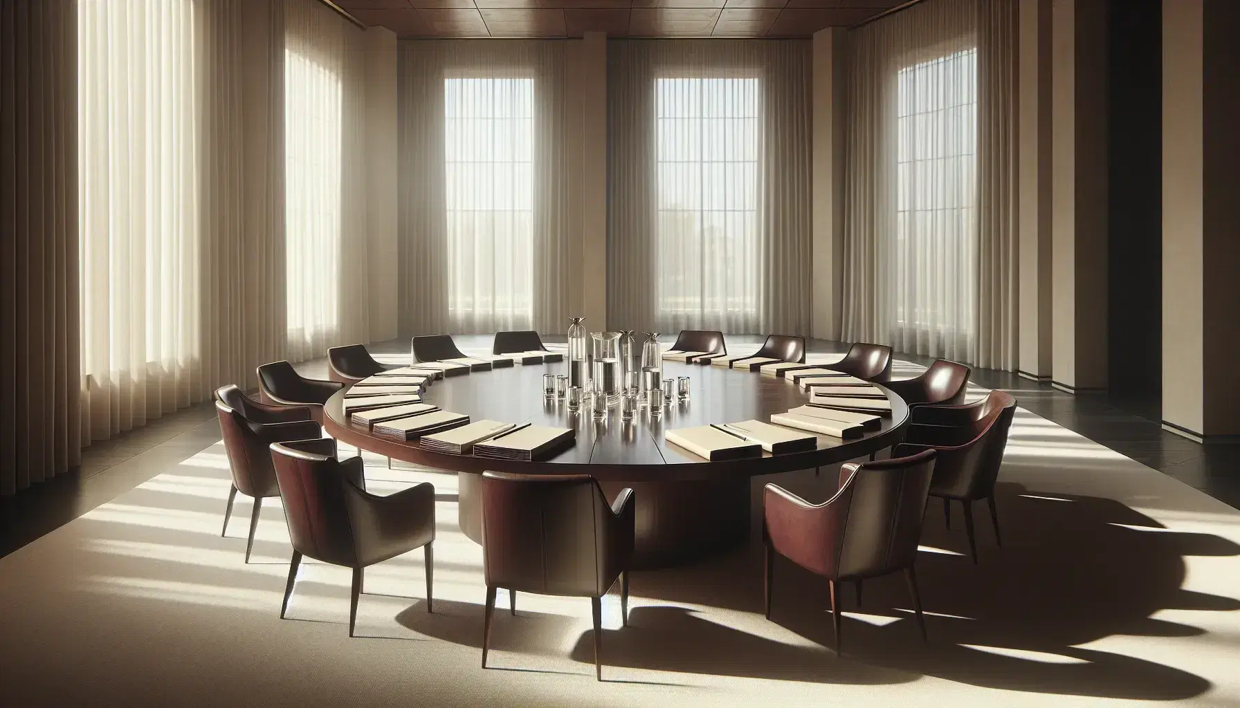 Polished dark wood round table with burgundy leather chairs, beige folders, black pens, and a water pitcher with glasses on a beige carpet in a well-lit room.