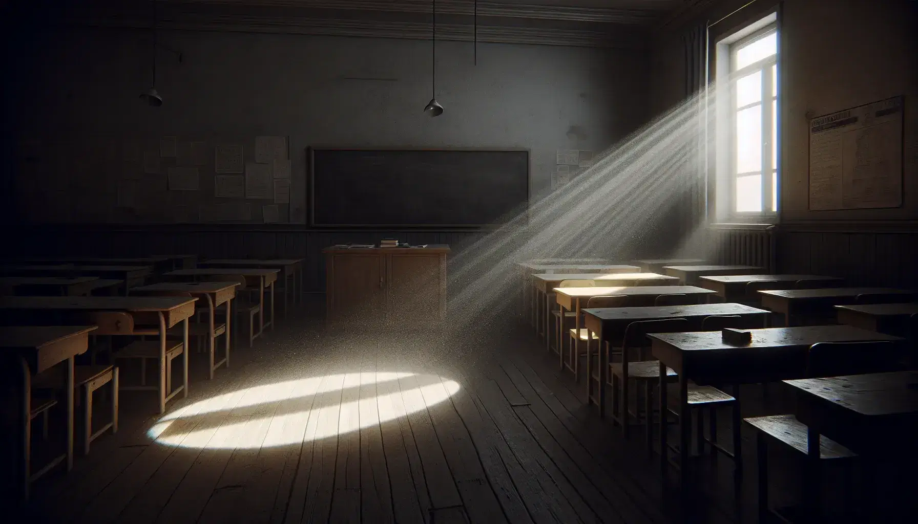 Sunlight streams through a hole in a classroom window shade, illuminating dust and creating a bright circle on the floor with rows of wooden desks and a clean blackboard.