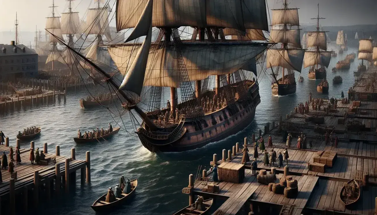 19th-century bustling port scene with a large anchored sailing ship, smaller boats, diverse figures on docks, and a vibrant town backdrop.