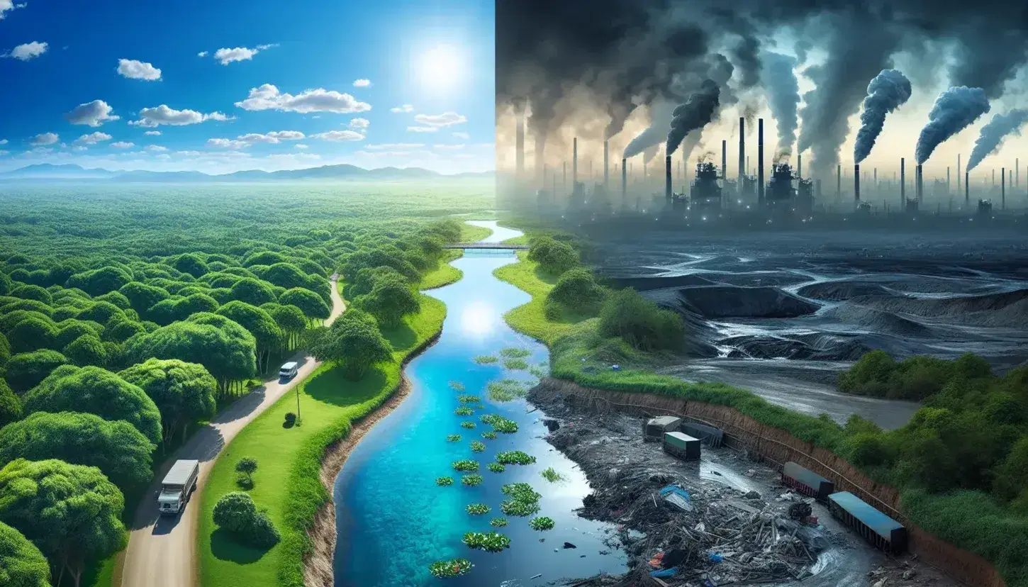 Contrasto ambientale con paesaggio verde e fiume limpido nella parte superiore e terreno arido con fiume inquinato e ciminiere fumanti nella parte inferiore.