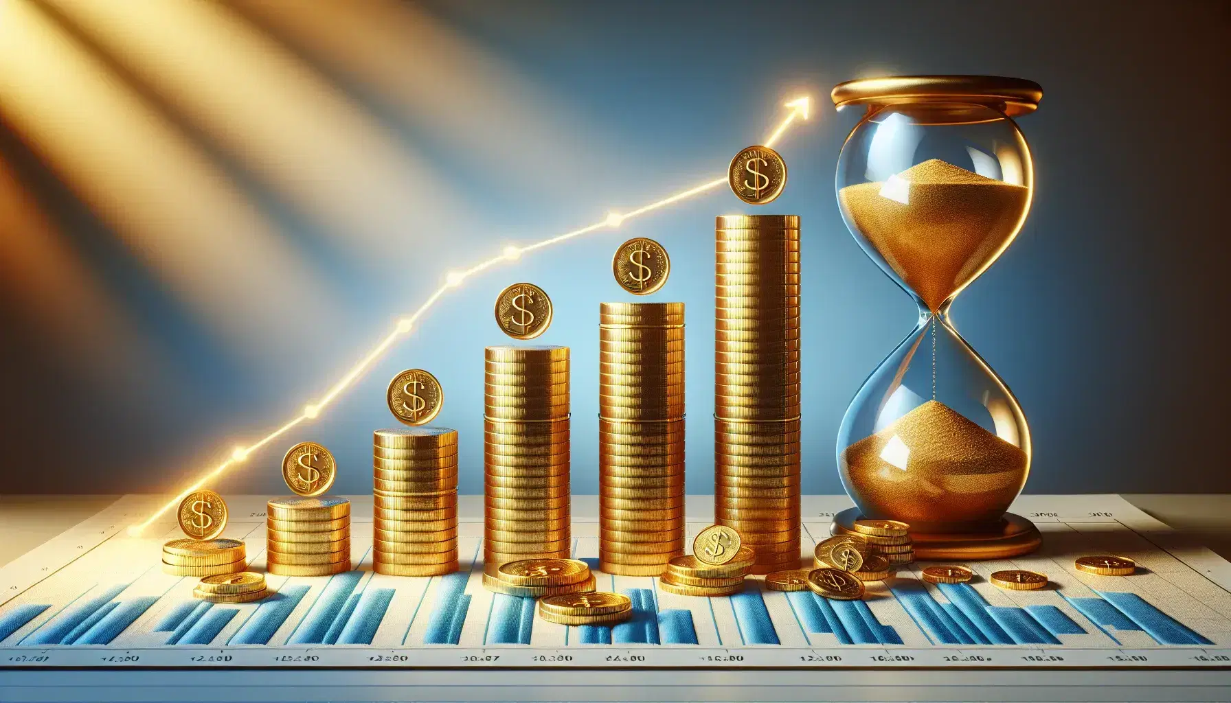 Gráfico ascendente de monedas de oro con reloj de arena indicando crecimiento financiero y paso del tiempo en fondo degradado azul a blanco.