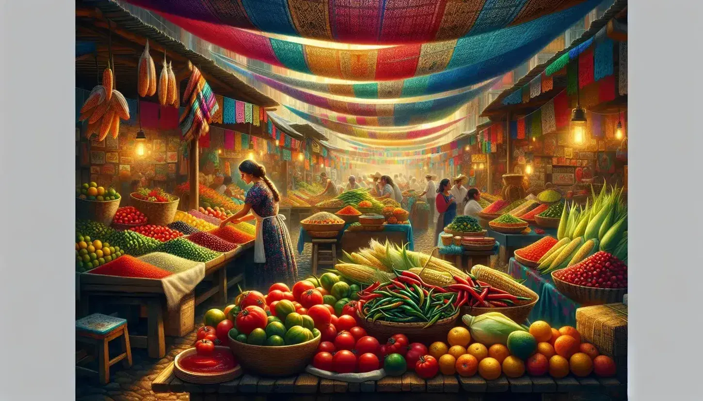 Mercado mexicano tradicional con mesa de frutas y verduras frescas, vendedora organizando productos y clientes comprando bajo toldos coloridos.