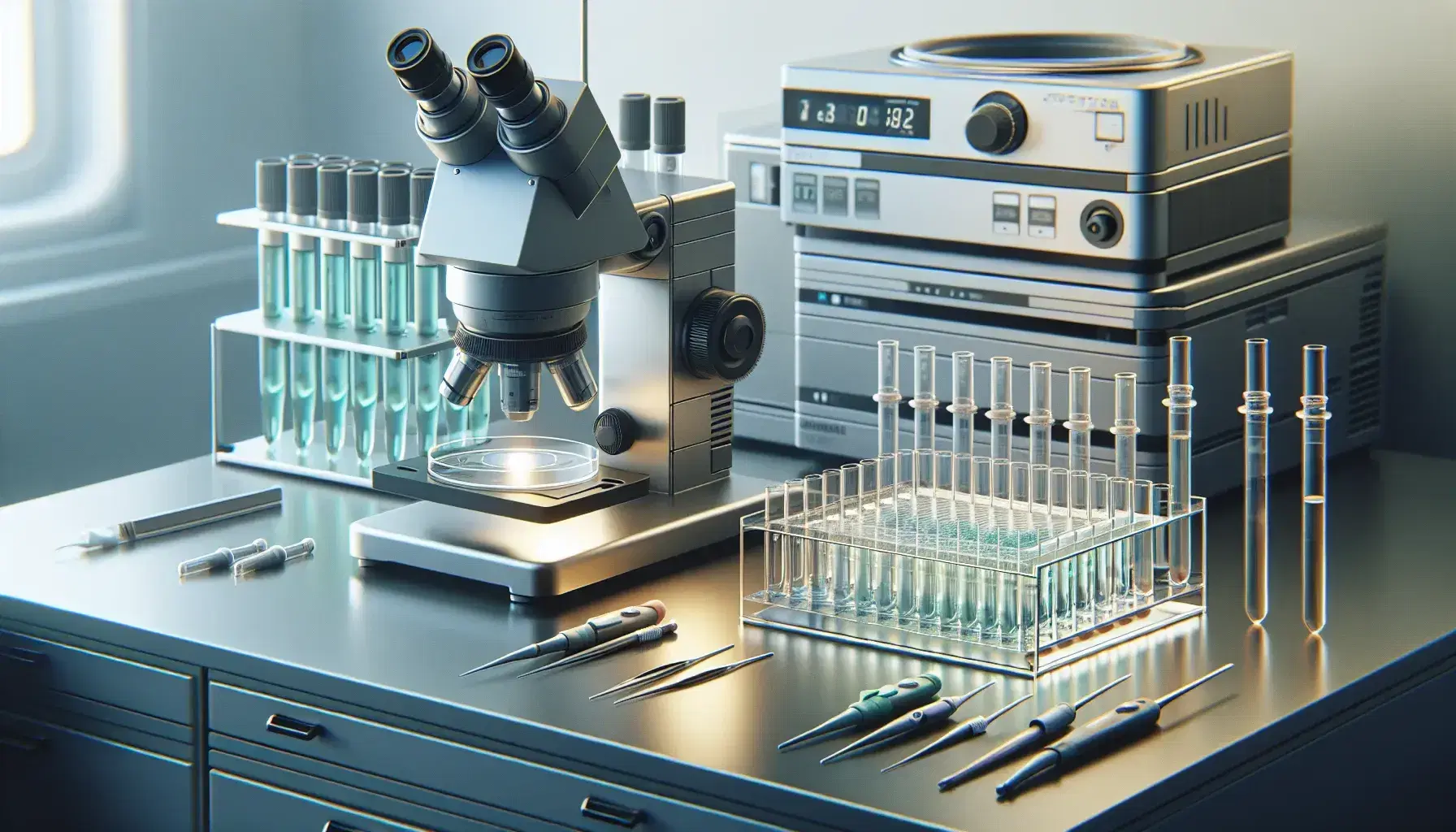 Laboratory with metal microscope, pipette holder with colored pipettes, gel in a petri dish and test tubes with clear liquids on white bench.
