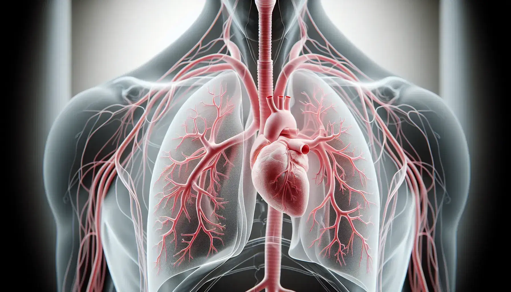 Vista lateral de un torso humano transparente con pulmones rosados, tráquea gris y corazón rojo destacando el sistema respiratorio y circulatorio.