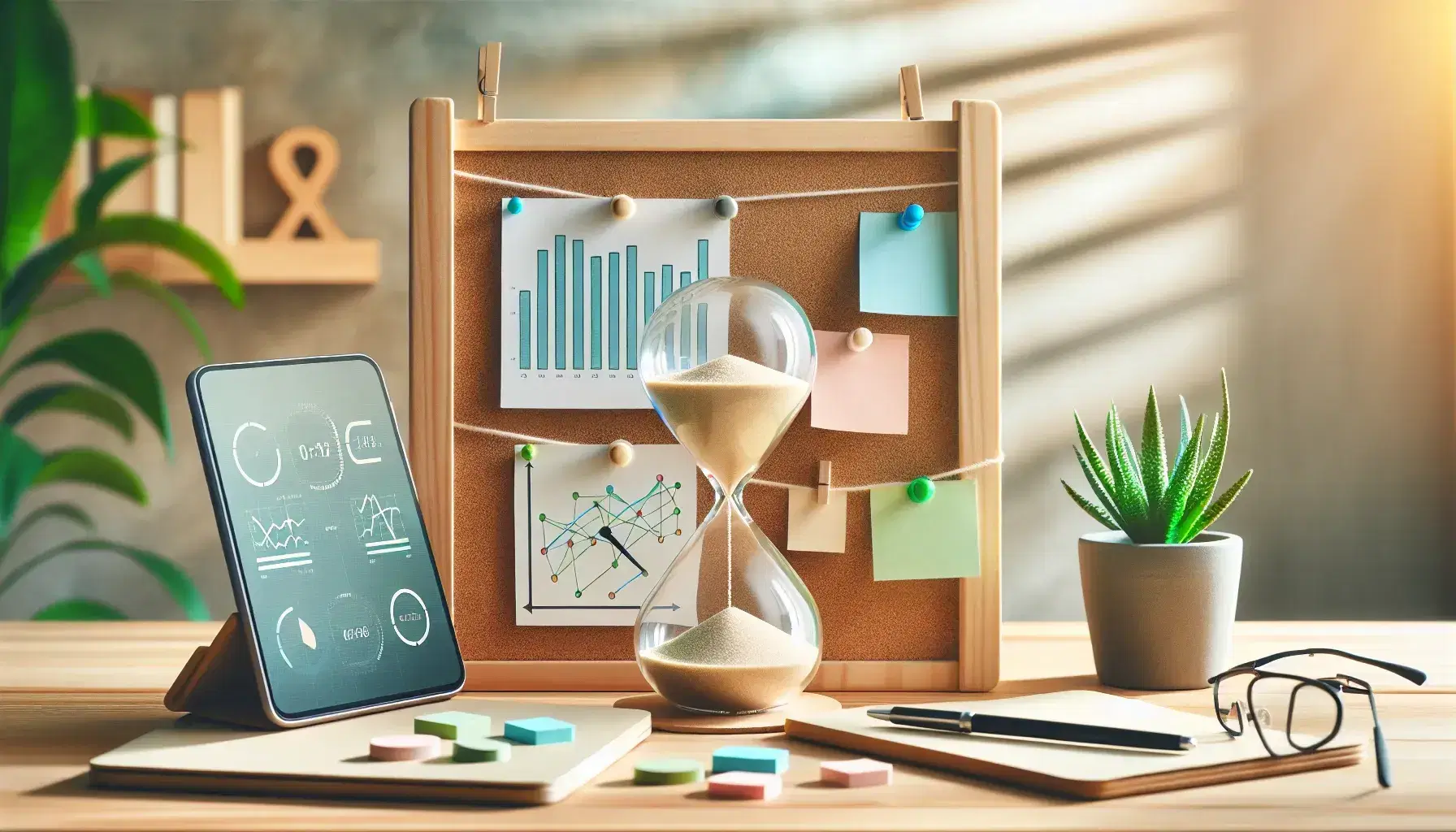 Mesa de madera clara con reloj de arena, notas adhesivas, planta, smartphone con gráficos, gafas y portátil con diseño geométrico.