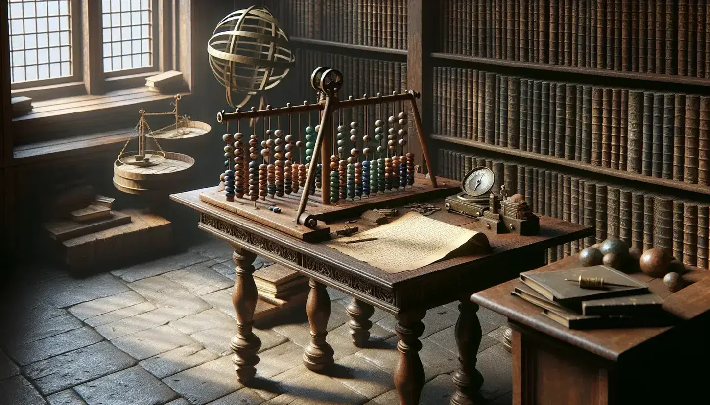 Escena de estudio antiguo con mesa de madera, ábaco, pergamino, compás, pesas de bronce y estantería llena de libros bajo luz natural.