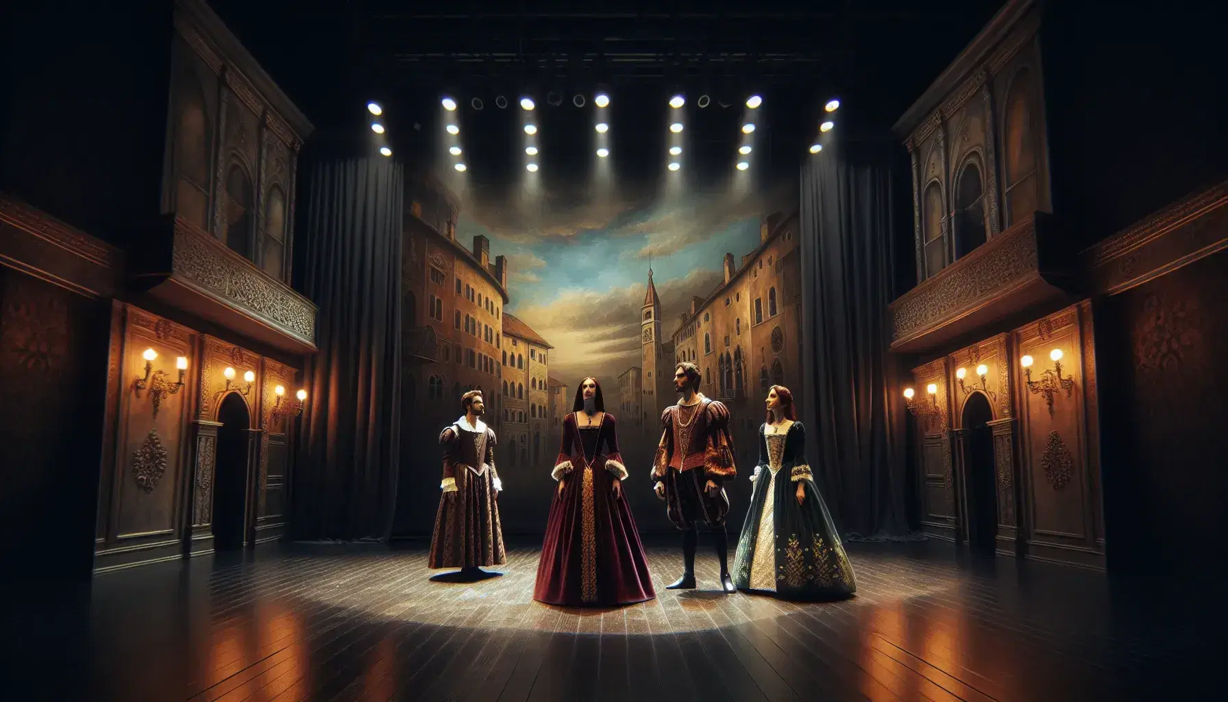 Scena teatrale con tre attori in costumi d'epoca su palco in legno, sotto luci soffuse, con sfondo di piazza rinascimentale.