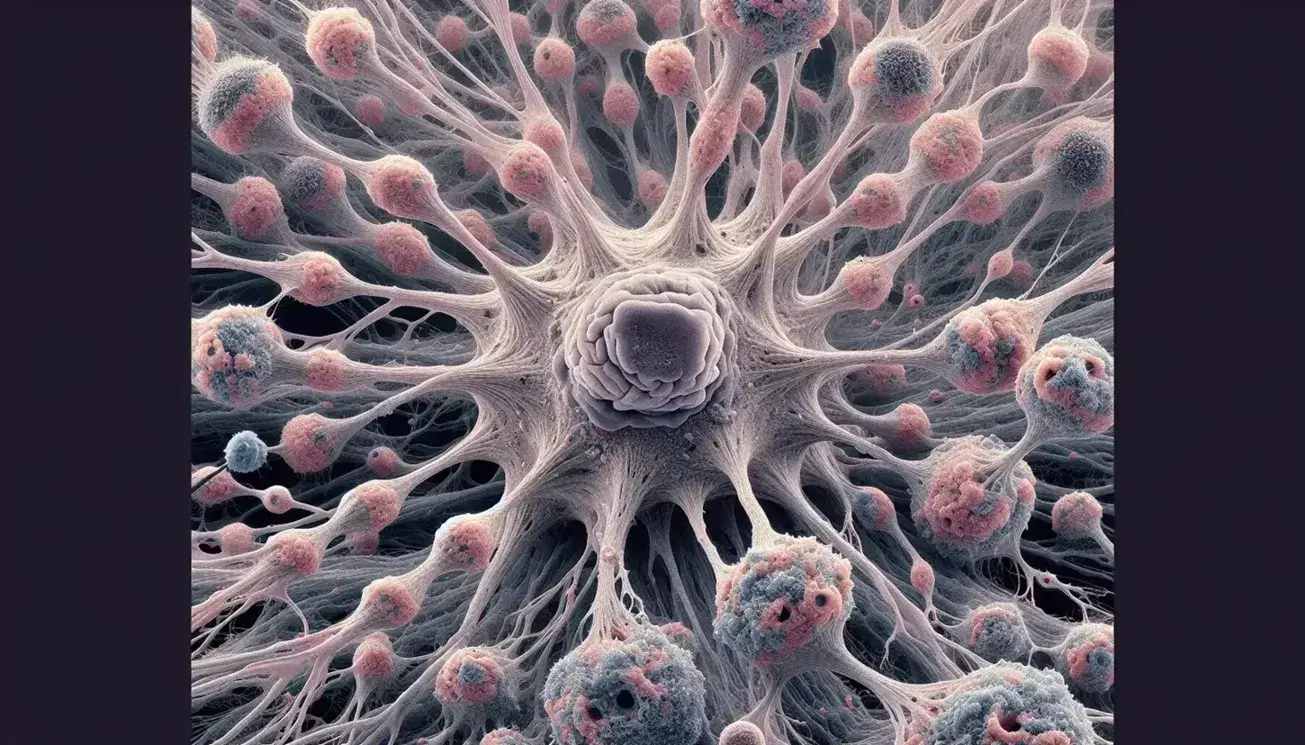 Micrografía electrónica a color mostrando un cúmulo de neuronas interconectadas con dendritas y axones en tonos grises y rosas, destacando sinapsis brillantes.
