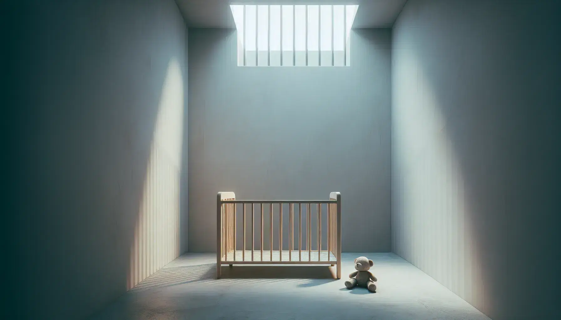 Empty room with whitish walls and gray concrete floor, wooden crib in the center and worn out stuffed teddy bear on the floor.