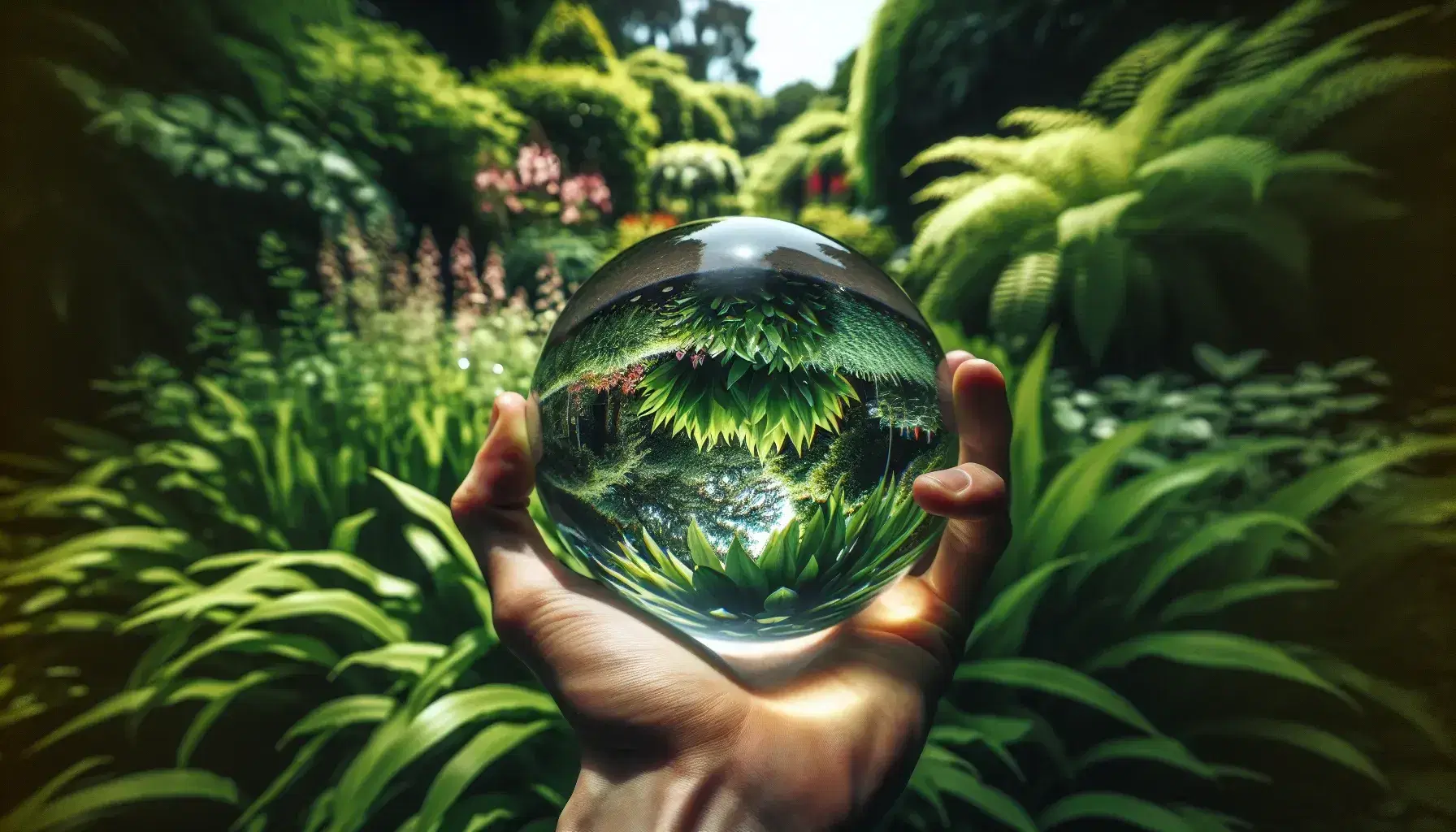 Hand holding a crystal ball showcasing an inverted and magnified view of a lush garden with vibrant foliage and colorful flowers in sunlight.