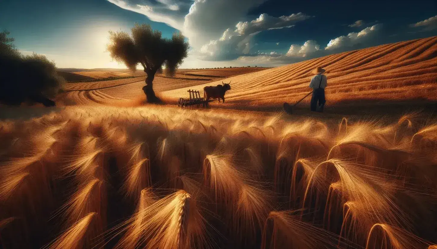 Campo di grano dorato con contadino e aratro trainato da bue sotto cielo azzurro con nuvole sparse e albero solitario.