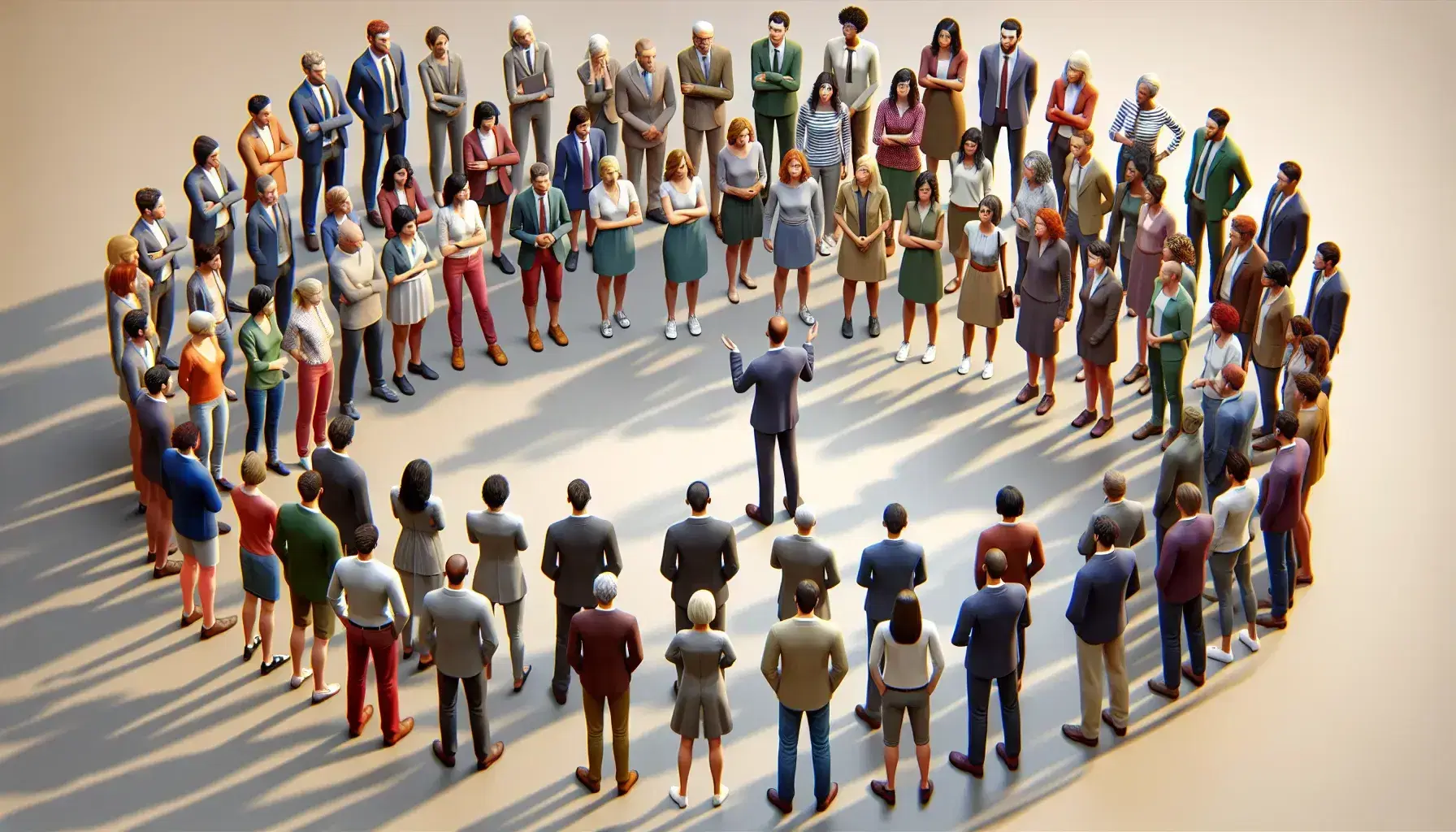 Grupo diverso de personas en reunión participativa con un orador central gesticulando, reflejando interacción y variedad de vestimenta.