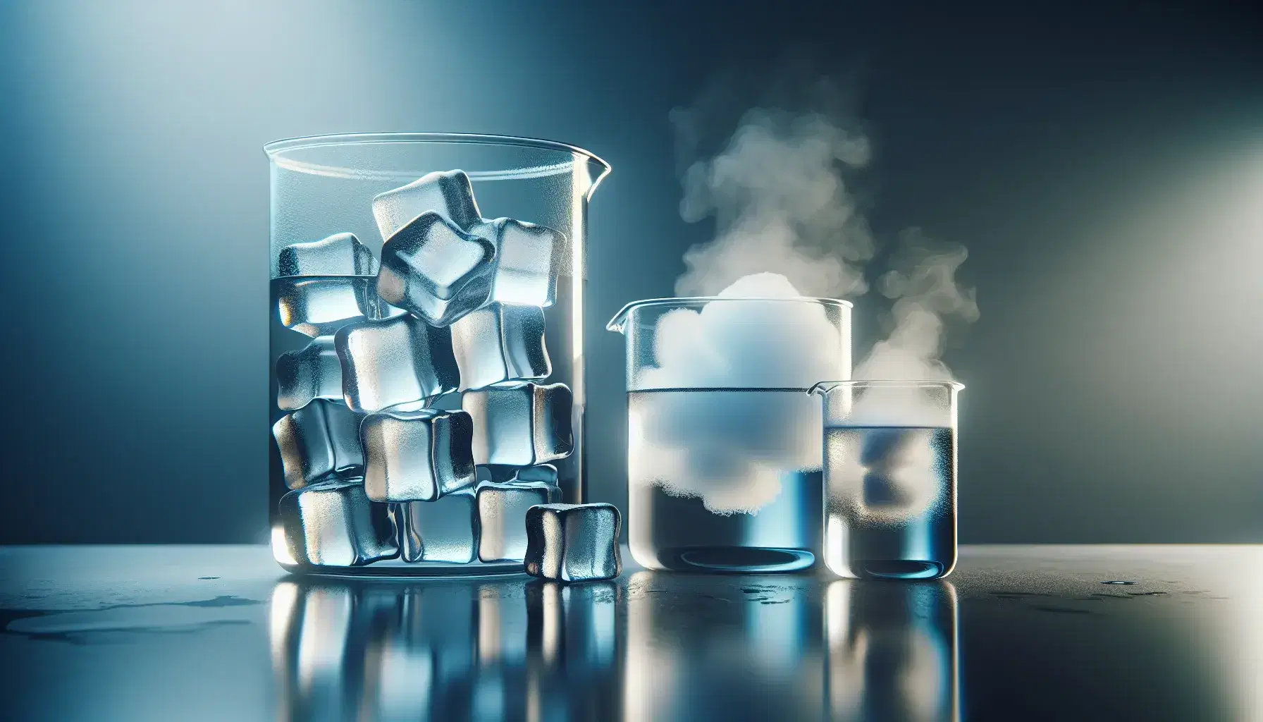 Three beakers on a reflective surface show the three states of water: ice cubes, liquid water and steam against a blue gradient background.