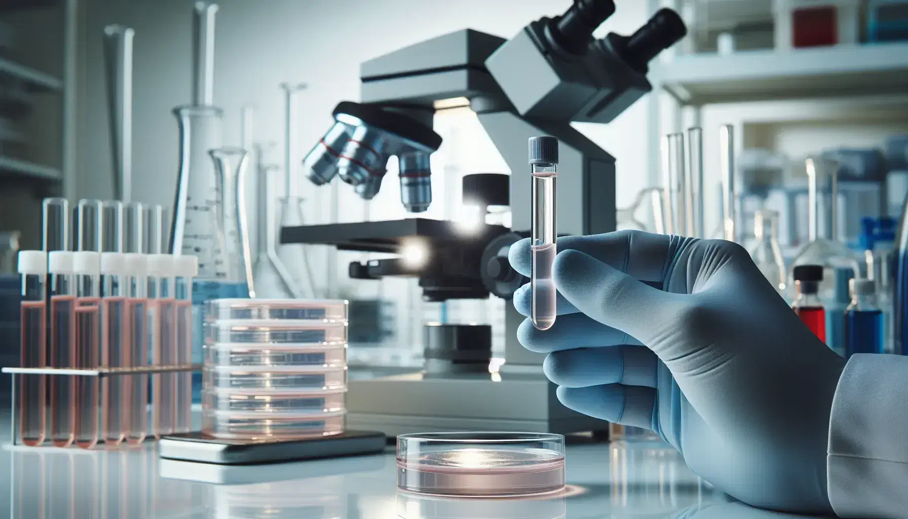 Mano con guante de látex azul claro sosteniendo un tubo de ensayo con líquido rosa pálido en un laboratorio de investigación biomédica con microscopio y placas de Petri al fondo.