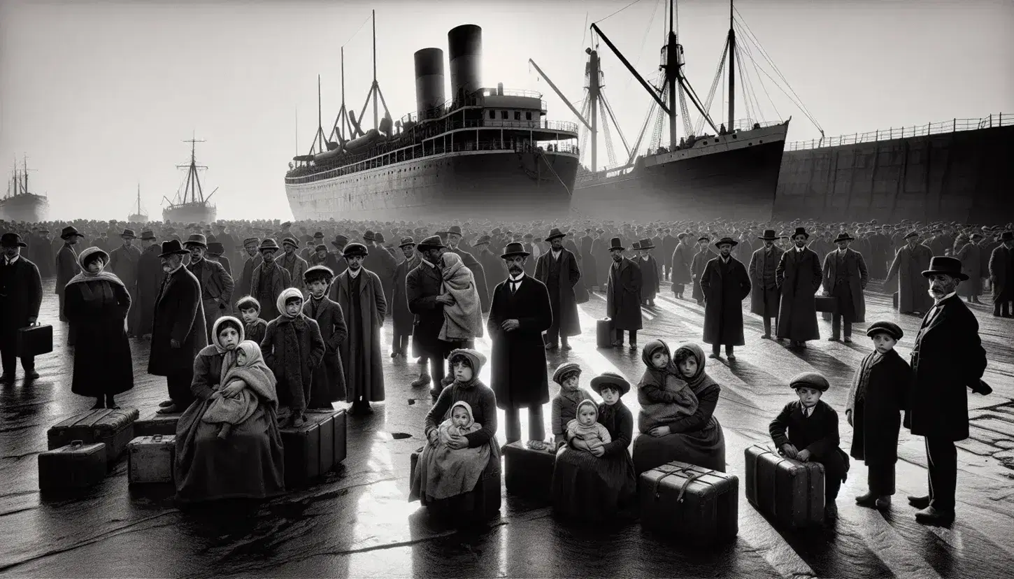 Gruppo di emigranti italiani in abiti d'epoca pronti a imbarcarsi su una nave transatlantica, con valigie e pacchi, espressioni di speranza e preoccupazione.