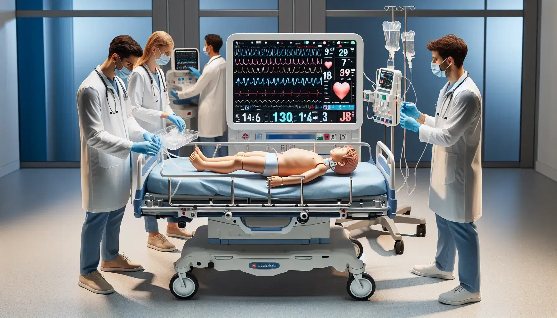 Equipo médico realizando simulacro de emergencia pediátrica con maniquí infantil, monitor de signos vitales y carro de urgencias al fondo.