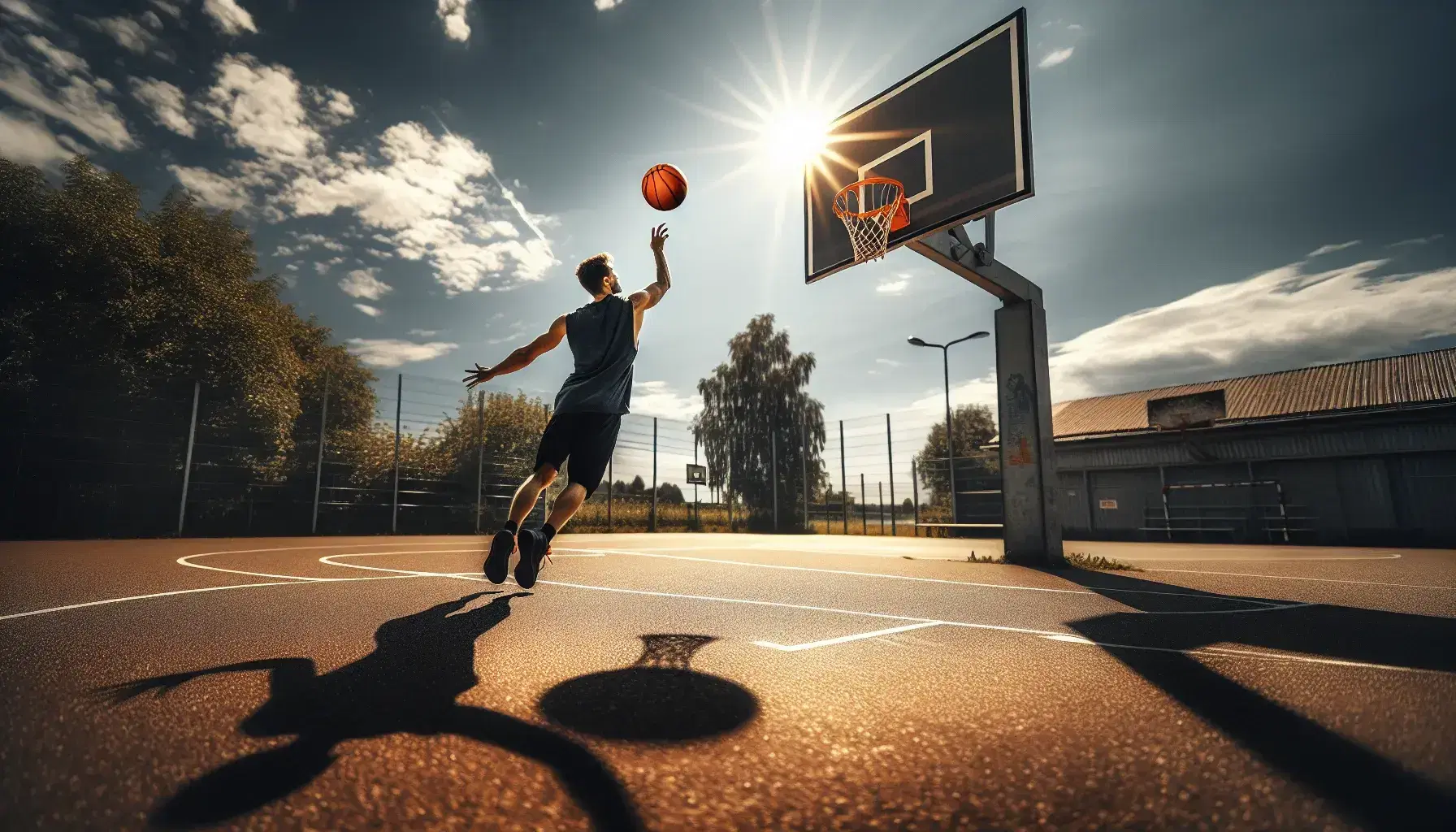 Jugador de baloncesto lanzando un tiro libre en una cancha al aire libre en un día soleado, con el balón en el aire y un cielo azul con árboles al fondo.
