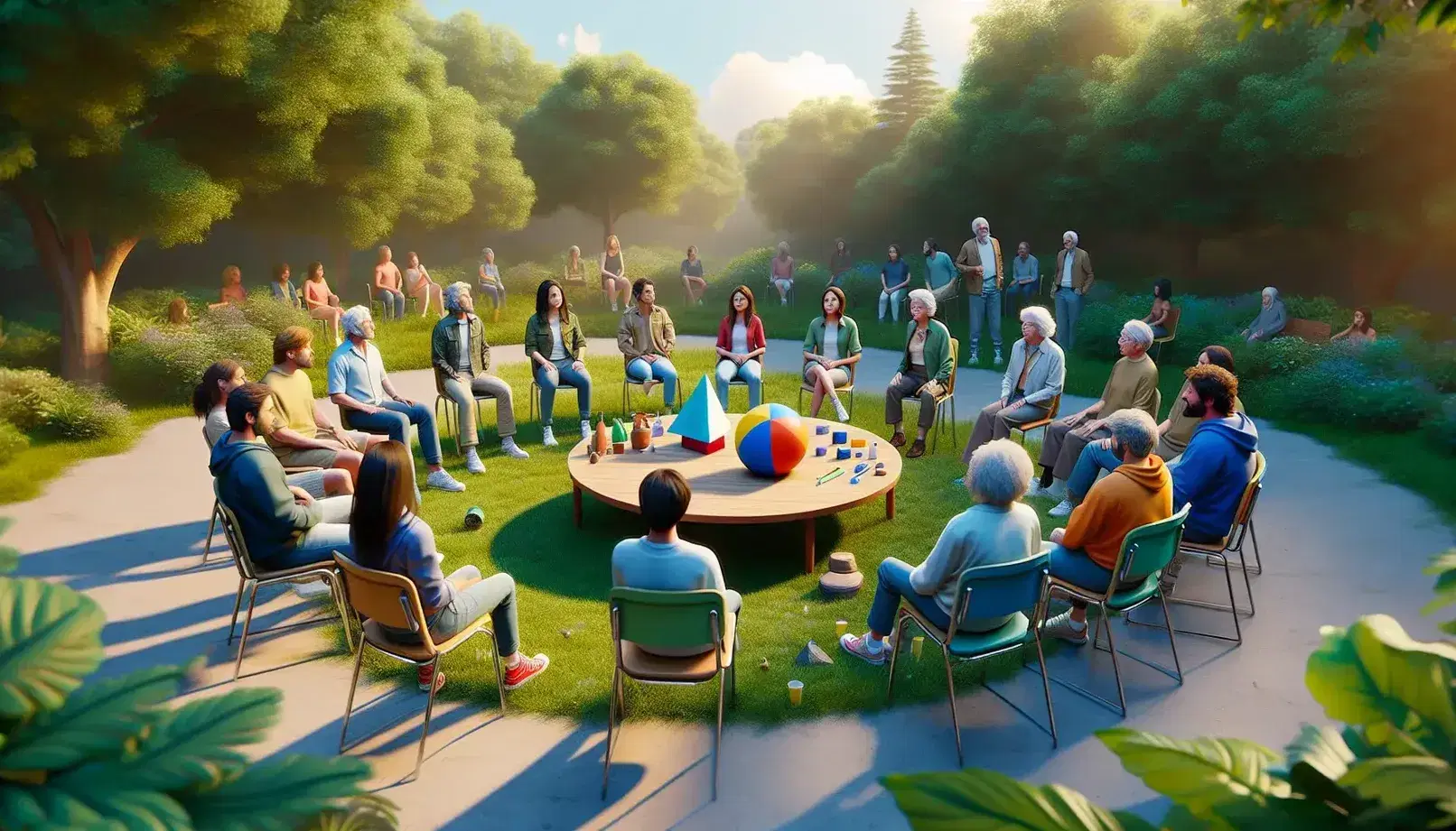 Gruppo di persone sedute in cerchio all'aperto discute attorno a un tavolo con oggetti geometrici colorati, in un parco ombreggiato con un cane osservante.