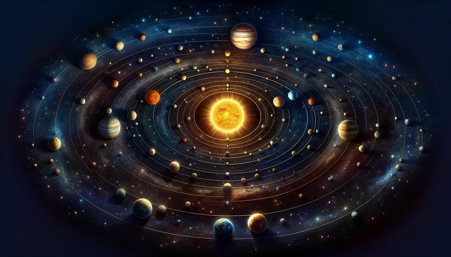 Cielo stellato notturno con rappresentazione artistica del sistema solare e pianeti colorati in ordine dal Sole.