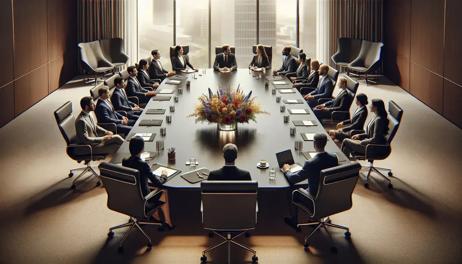 Grupo diverso de profesionales en reunión alrededor de una mesa de conferencia ovalada con arreglo floral, en una oficina moderna con luz natural.