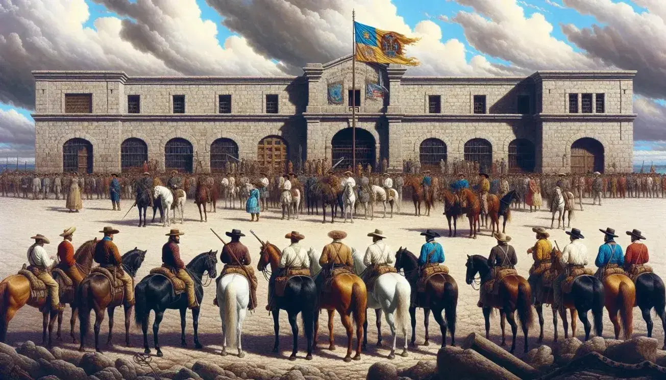 Grupo de personas y jinetes con vestimenta colonial frente a edificio de piedra estilo fuerte, bajo cielo parcialmente nublado y bandera bicolor ondeando.